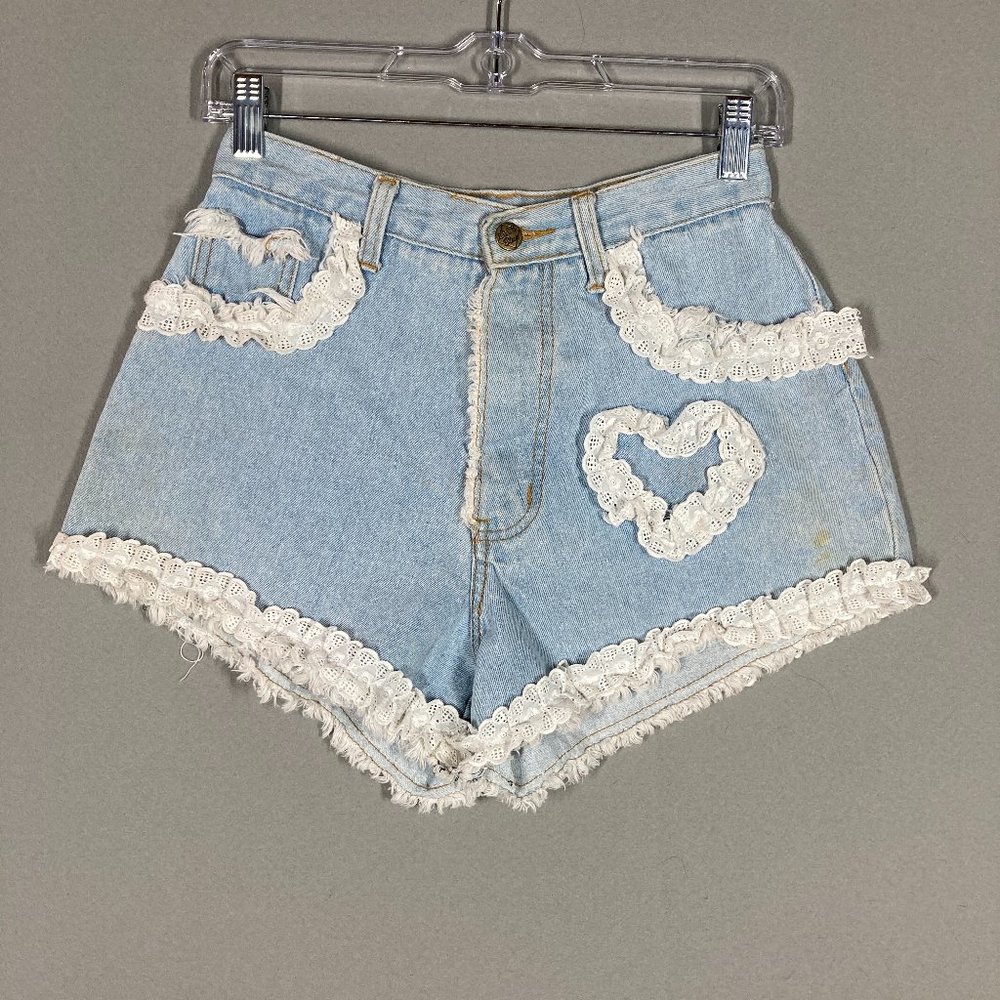 Vintage custom daisy dukes jean shorts High Rise Eyelet Ruffles 90s 26" Waist